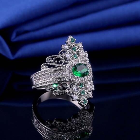 Vintage Emerald Green Oval Zircon Anillo Luxury Silver Ring for Women, VIP401 - Picture 4 of 8